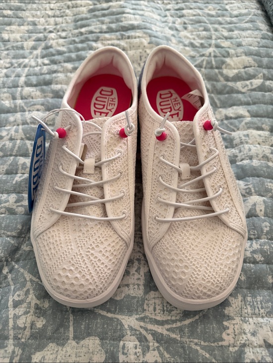 Hey Dude Shoes - Hey Dude White Knit Sneakers with Pink Insole and Accent